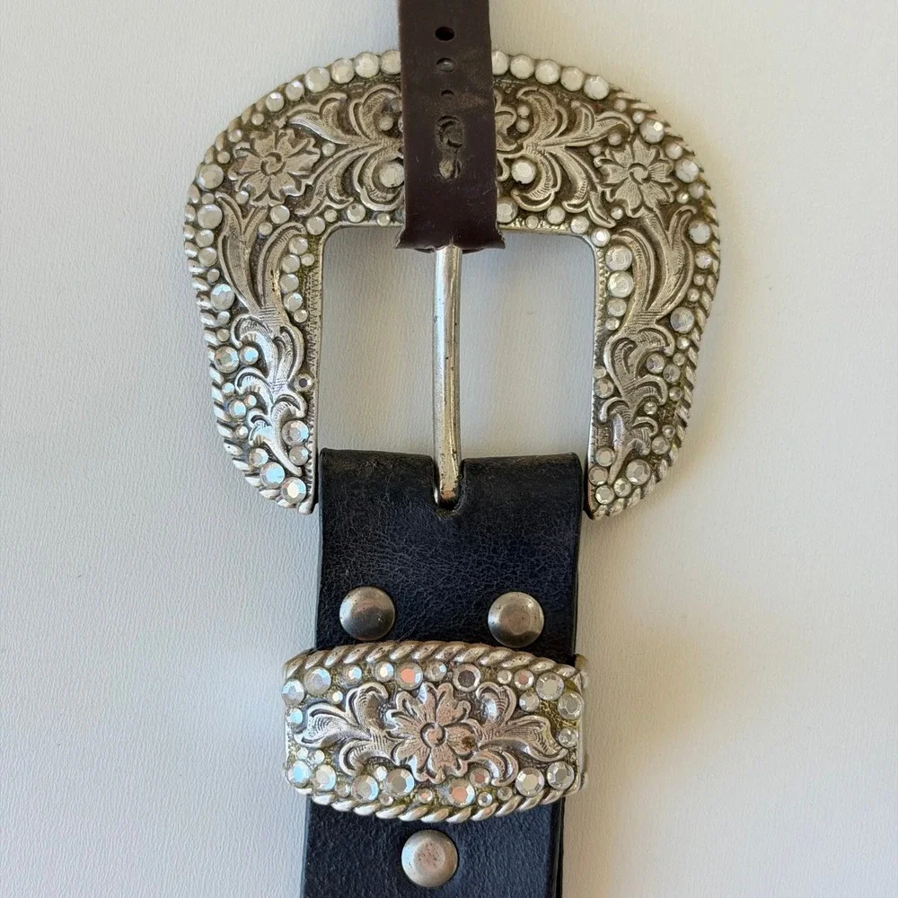 Vintage Nocona Belt Women Small Black Western‎ Rhinestone Studded Leather NWT